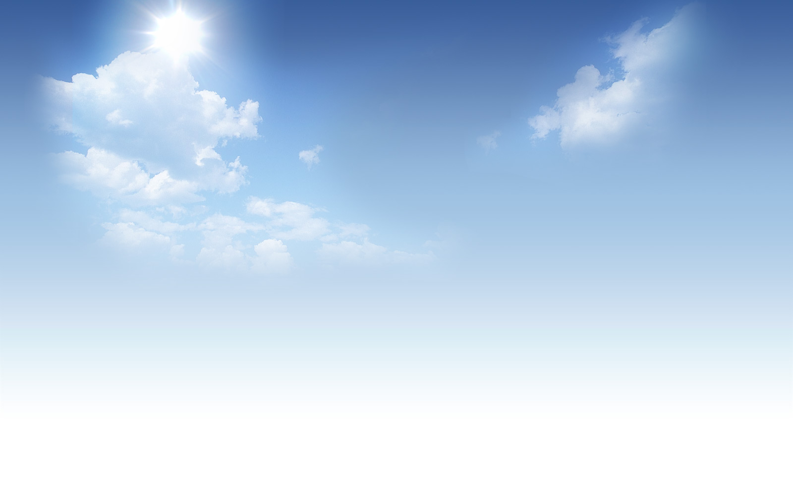Bright blue sky with white clouds and a sun flare, mostly empty background
