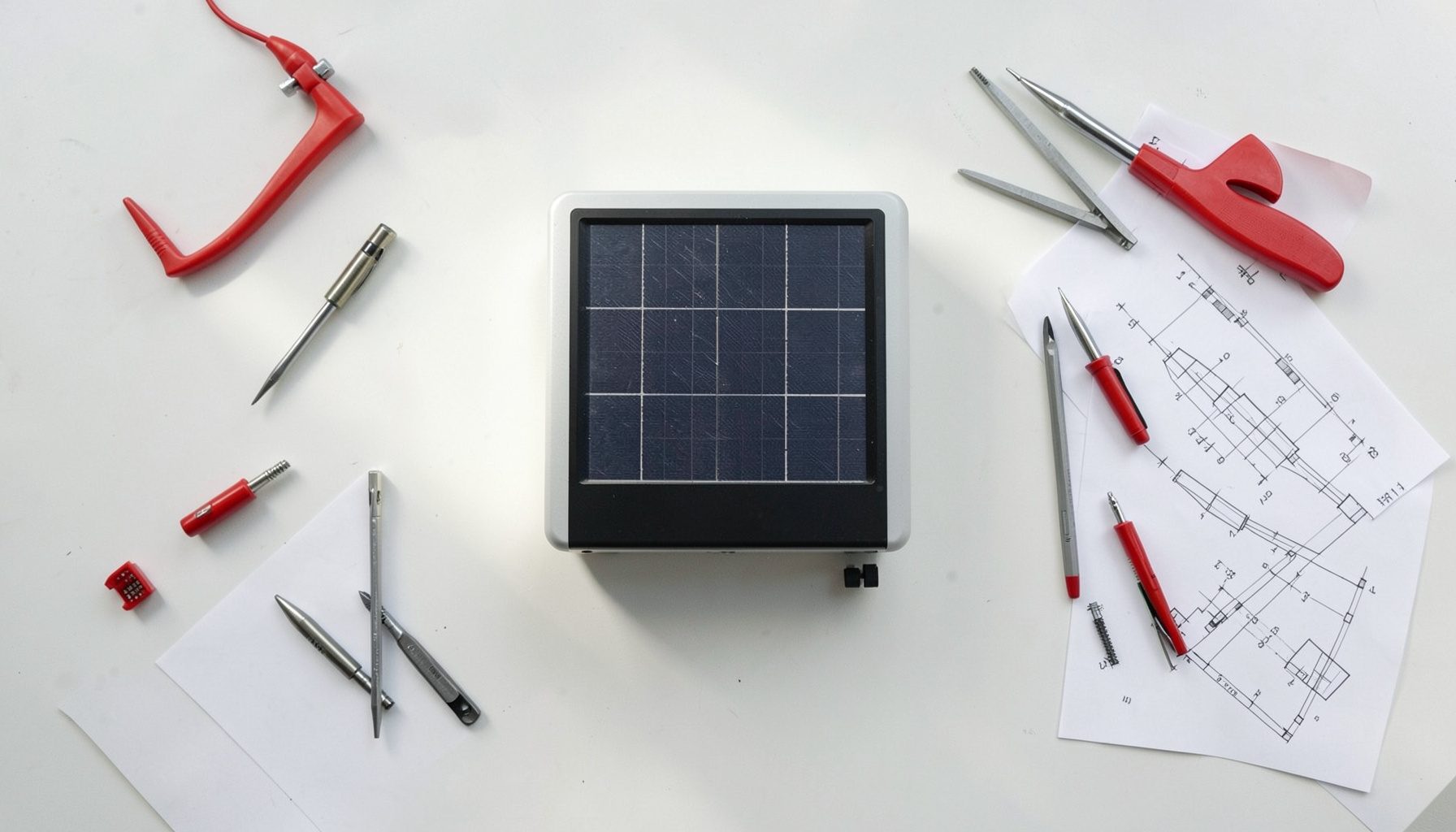 Overhead flat-lay photograph of a modern photovoltaic inverter on a clean white workbench, surrounded by precision tools and technical drawings, with natural daylight casting soft shadows across the scene